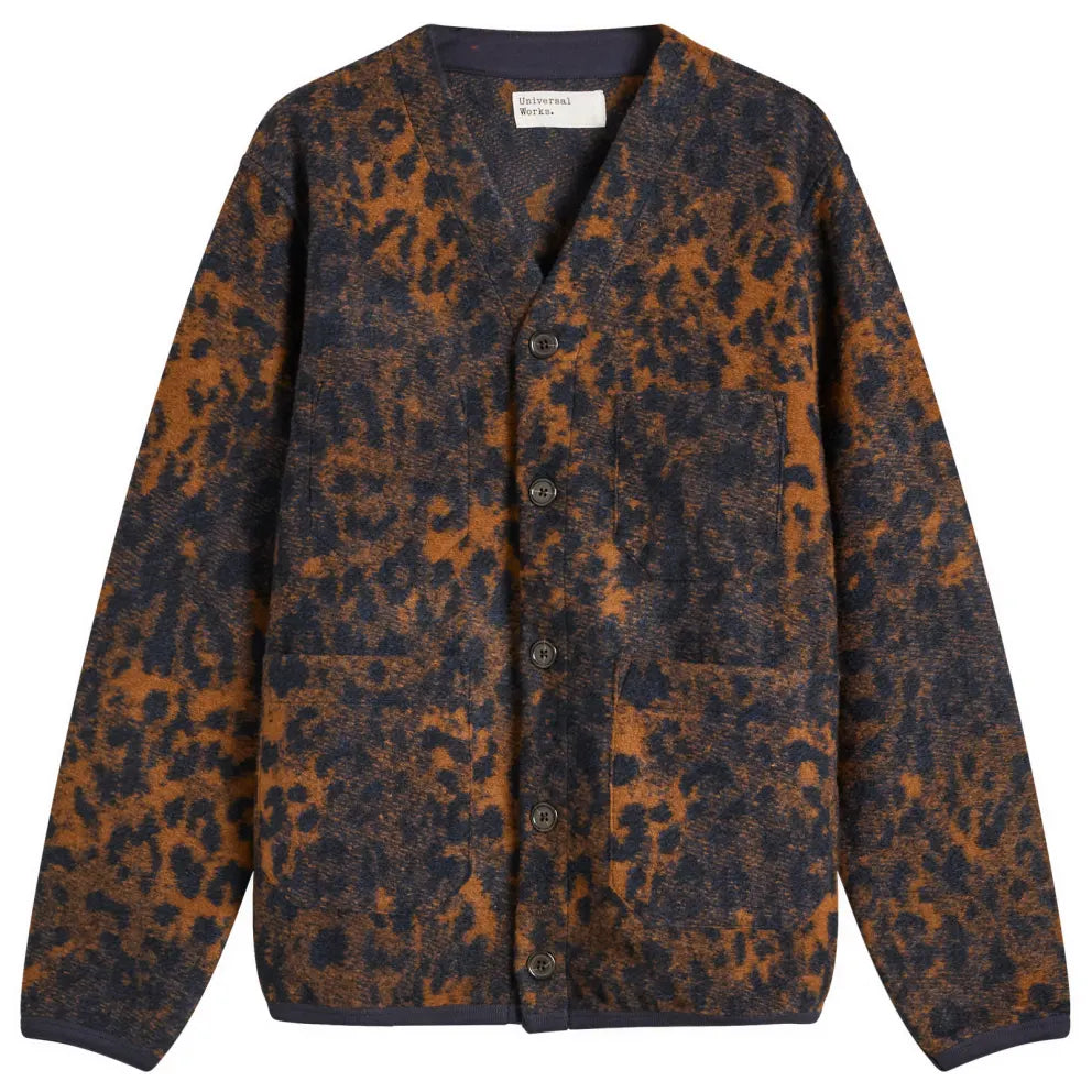 UNIVERSAL WORKS NIGHT LEOPARD CARDIGAN Dark Navy and Brown